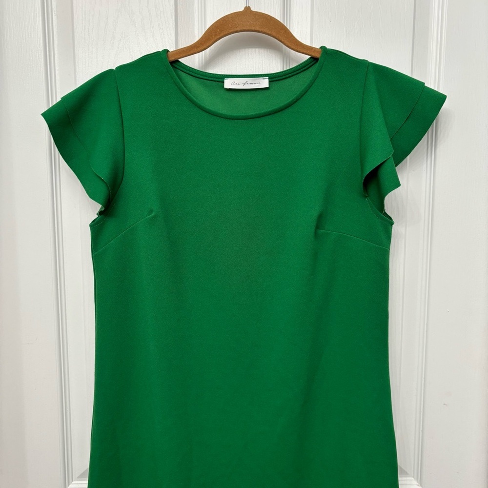 Ces Femme Green Shift Dress | Women’s Small | Flutter Sleeve Sheath - Picture 3 of 10